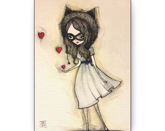 Miette Canvas Print - Gallery Wrap Canvas print - Lowbrow Fine Art print - Jessica von Braun - Watercolor Raccoon girl with hearts