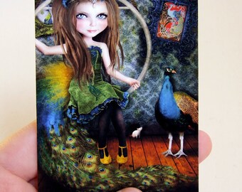 ACEO ATC Artists Trading Card "Little Bird" Circus Performer Girl - Peacock - Mini Giclee Print 2.5x3.5