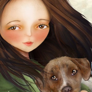 Brown Haired Girl with Pitbull Puppy Print Keli and Olive Fine Art 8x10 11x17 Premium Giclee Print of Digital Painting Girl and Dog image 2