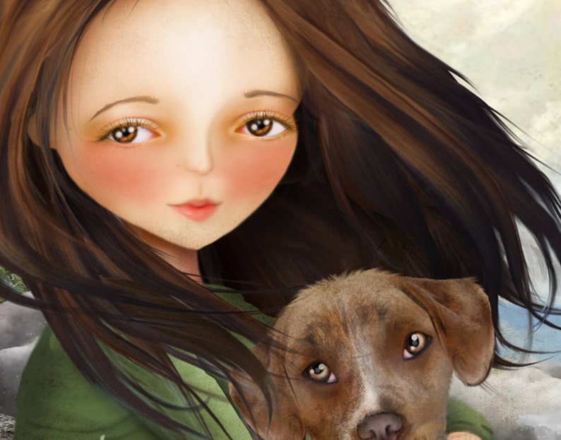 Brown Haired Girl with Pitbull Puppy Print Keli and Olive Fine Art 8x10 11x17 Premium Giclee Print of Digital Painting Girl and Dog image 2