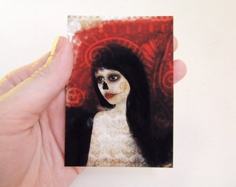 ACEO/ATC "Dia de los Muertos" Artists Trading Card Premium Fine Art Mini Print 2.5x3.5 - Halloween Holiday Skull Skeleton Woman