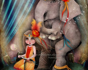 Circus Art Little Girl And Elephant Print - "A Bicycle Made for Two" - Fine Art 8x10, 11x14, 11x17 Premium Giclee Print