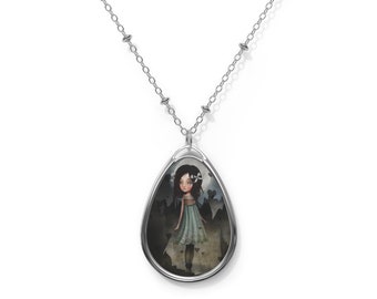Jagged - Oval Necklace - Pendant - Art by Jessica von Braun - Silver chain - Little Girl walking in the mountains
