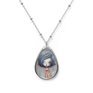 Girl 43 Oval Necklace - Pendant - Art by Jessica von Braun - Silver chain -  Girl in grey and blue wearing a yellow dress