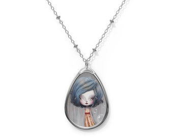 Girl 43 Oval Necklace - Pendant - Art by Jessica von Braun - Silver chain -  Girl in grey and blue wearing a yellow dress