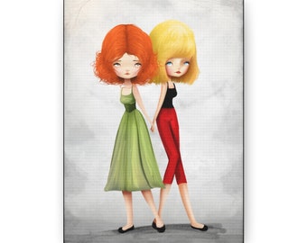 Together Alone Canvas Print - Gallery Wrap Canvas print - Fine Art print by Jessica von Braun - Lowbrow Art - Redheaded Girl and Blonde Girl