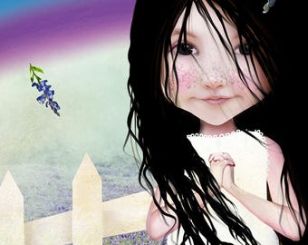 5x7 Fine Art Print - 'Bluebonnet Lane' - Little girl with blue bonnets and rainbow - dark haired girl - Lowbrow pop surreal art print- Texas