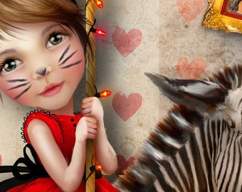 5x7 Premium Art Print  -"Carousel Dreams" - Little Girl Circus Art - Zebra Carousel Horse - Signed Small Giclee Print