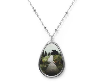 Home  - Oval Necklace - Pendant - Art by Jessica von Braun - Silver chain - Little Ghost Girl in a field full of flowers