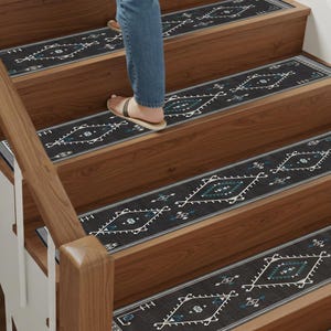 Front Stair Rug, Black Bohemian Patterned, Washable Non-Slip