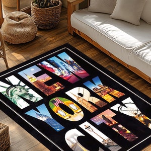 Modern NYC Typography Print Carpet, Washable Non-Slip New York City Typography Rug.