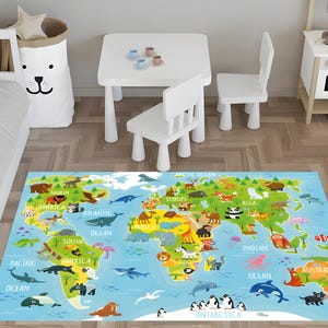 Kinder Weltkarte Teppich, Lerntier Teppich, rutschfeste und maschinenwaschbare Spielzimmermatte, kinderfreundlicher Teppich, rutschfester Teppich, Tierteppich