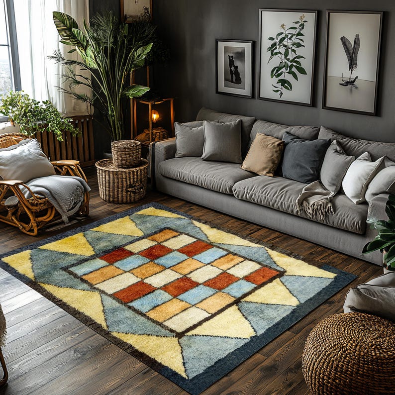 Washable Rug, Retro Geometric Wool, Colorful Mid Century Decor - Etsy