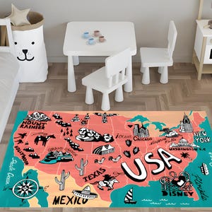 Tappeto colorato con mappa degli Stati Uniti, tappeto popolare, tappeto a tema mappa, tappeto moderno con mappa come regalo, tappeto personalizzato con mappa degli Stati Uniti, tappeto lavabile, tappeto antiscivolo