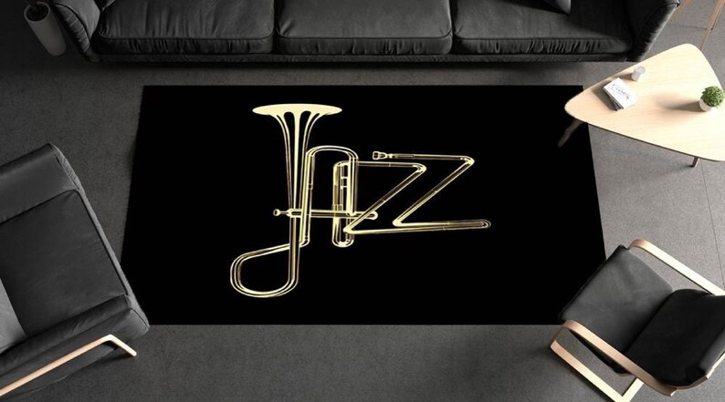 Black Jazz Rug: Musical Instrument Design, Washable Area Rug - Etsy