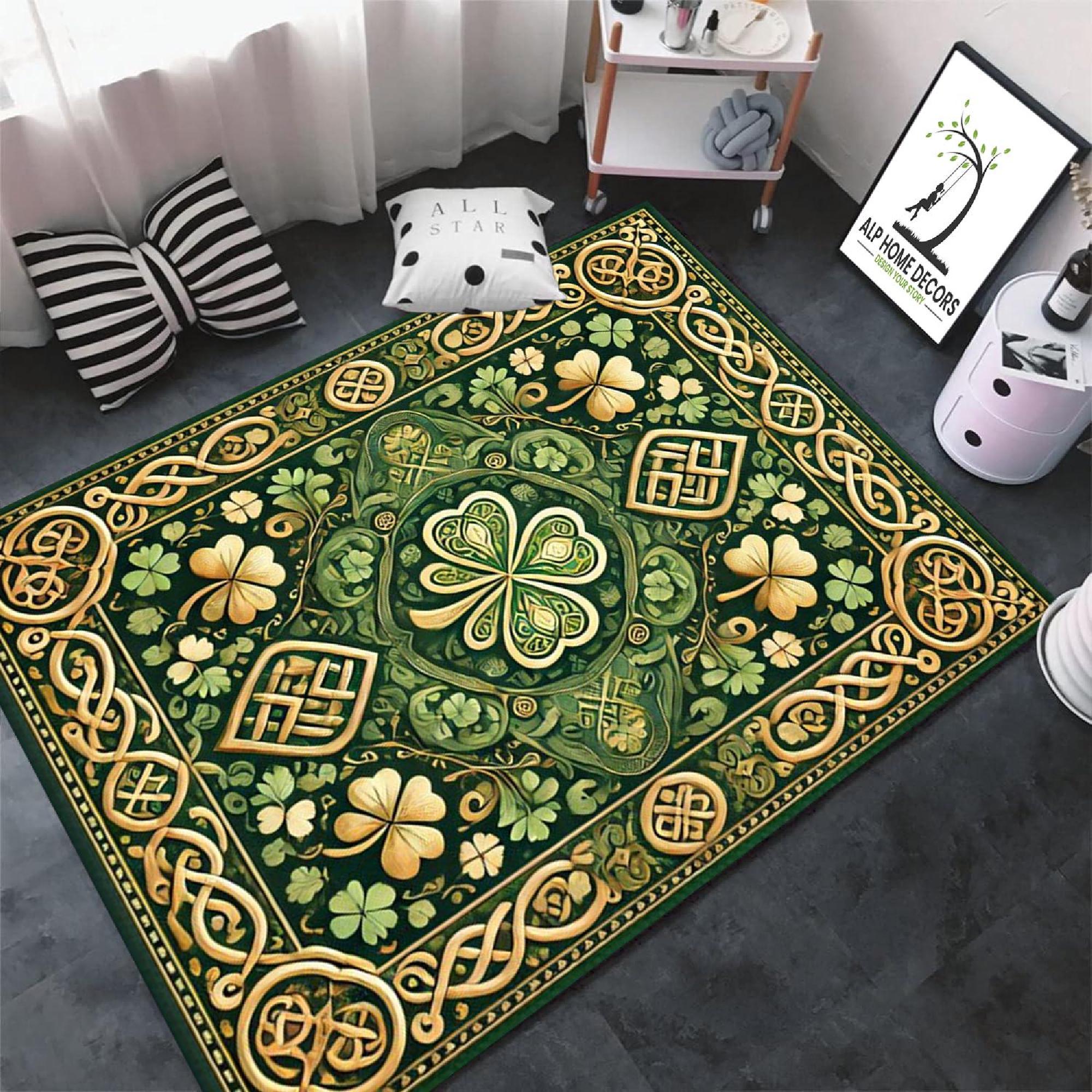 Celtic Knot Rug, Green Vintage Rug, Shamrock Floor Mat, Washable