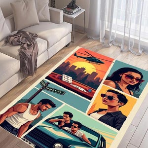 Video Game Characters Rug–Colorful Gaming Rug for Gamers, Custom Game Decor Area Rug, Non-Slip Rug, Area Rug, Machine Washable Rug, GTA Rug