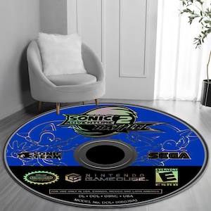 Sonic Adventure 2 Battle Rug, Large Round Game Disc Carpet, Vibrant Gamer Room Decor, Retro Gaming Floor Mat, Blue Sonic PS2 CD Design Rug.