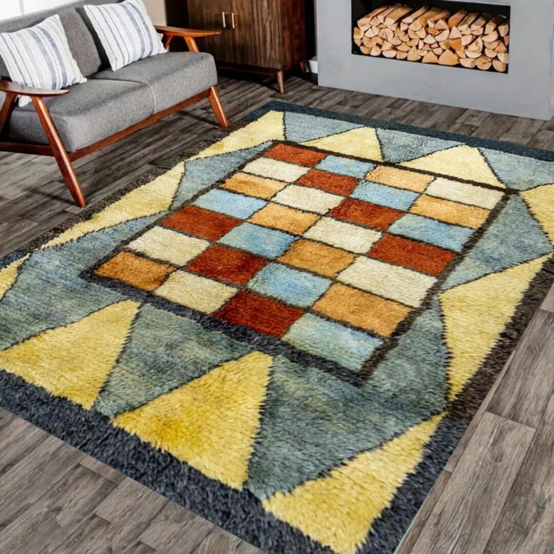 Mid Century Rug Pattern Mid-century Modern Geometric Rug – Colorful Checkered Patchwork Carpet ...