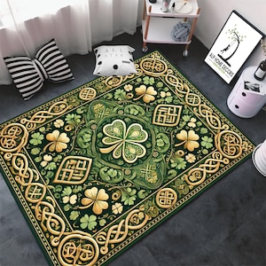 St. Patrick’s Day Clover Rug – Lucky Four Leaf Carpet with Celtic Design, Washable & Green