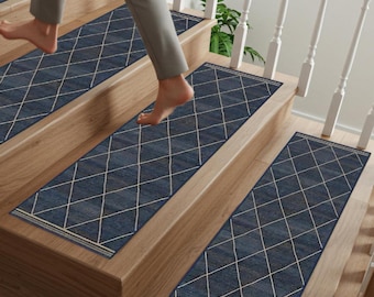 Front Treppenteppich, weicher rutschfester, blau gemusterter Teppich