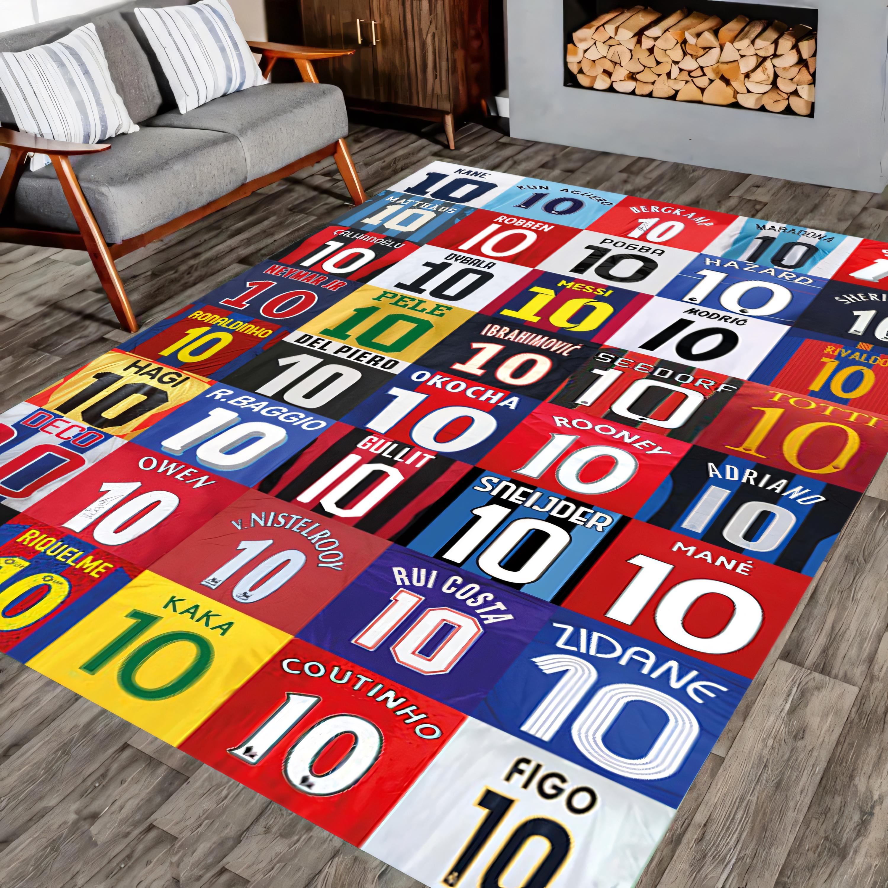 Alfombra con la camiseta de leyendas del fútbol, icónico número 10, lavable, antideslizante, decoración deportiva colorida, regalo para aficionados al fútbol.