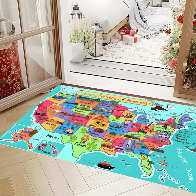 Personalized USA Map Rug, Kids Playroom, Washable Non-slip - Etsy