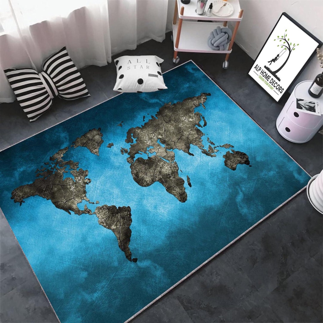 2d Map Rug Personalized World Map Rug: Blue & Black Washable Area Rug - Etsy