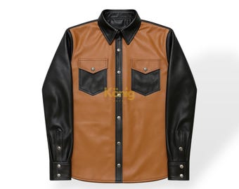 May include: A brown and black leather shirt with long sleeves. The shirt has a black collar, black sleeves, and two black pockets on the chest. The shirt is buttoned up the front and has buttoned cuffs.