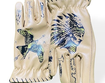 Vintage Leather Tattoo-Style Gloves Unique Hand-Drawn Designs Native HandMade Glove
