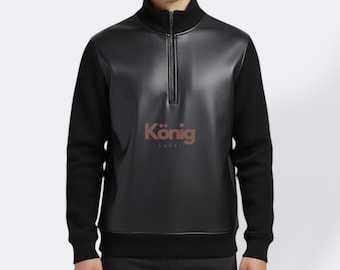 Men's Handmade Lambskin Leather Sweatshirt: Half-Zip Cotton Rib Sleeves