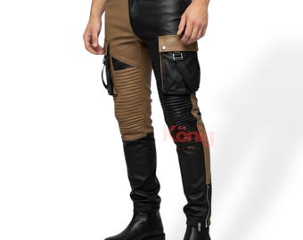 May include: Two-tone leather trousers in black and tan. The trousers feature a cargo pocket on each leg, ribbed knee panels, and zipped ankles. The trousers are worn with black leather boots.