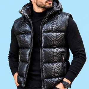 Men's Leather Vest In Genuine Lambskin Leather Python Embossed Print Puffer Style Vest