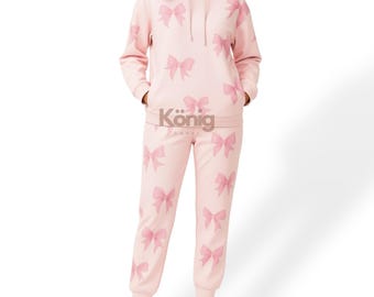 Handmade Lambskin Leather Tracksuit – Pink Bow Print Hoodie & Joggers