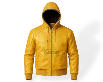 Men's Yellow Lambskin Leather Hoodie Jacket – Genuine Leather Zip Up Hooded Bomber Coat