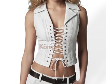 Women’s Genuine Lambskin Leather Corset Vest Top – Lace Up Biker Crop