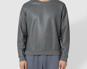Men's Handmade Lambskin Leather Sweatshirt | Gray Crewneck Pullover