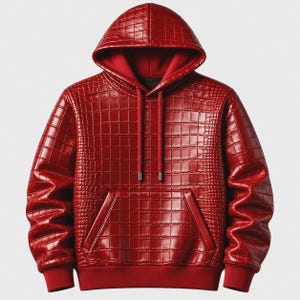 Puede incluir: Una sudadera con capucha de color rojo vibrante que presenta un patrón de cuadrícula brillante en relieve, similar a la textura de la piel de cocodrilo. La prenda incluye una capucha a juego con cordones gruesos, mangas largas y un bolsillo frontal.