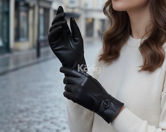 Women's Black Leather Touchscreen Gloves – Elegant Winter Driving Gloves
