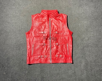 Red Lambskin Leather Biker Vest: Croc Pattern LGBTQ Fashion