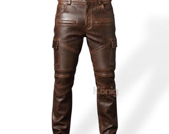 Men’s Leather Biker Pants | Genuine Lambskin Motorcycle Cargo Trousers with Ribbed Knee Detail
