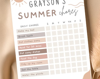Bearbeitbares Sommer Chore Chart für Kinder, druckbares Chore Chart, Vorlage für die tägliche Aufgabenliste für Kinder, Routine Tracker, Instant Download