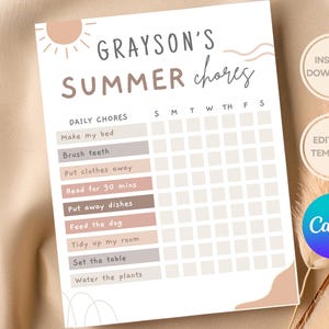 Daily task checklist for kids, digital download, printable PDF and Canva template