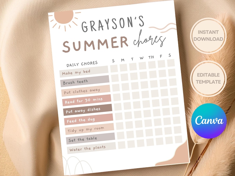 Daily task checklist for kids, digital download, printable PDF and Canva template