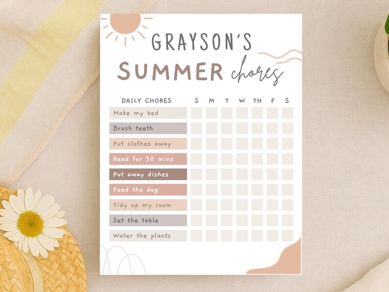 Chore chart with tasks like make bed, brush teeth, read for 30 mins