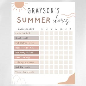 Printable editable kids chore chart with neutral summer design