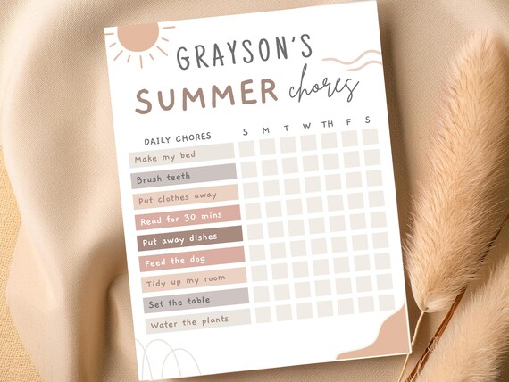 Editable Summer Chore Chart for Kids, Printable Chore Chart, Kids Daily Chore List Template, Routine Tracker, Instant Download
