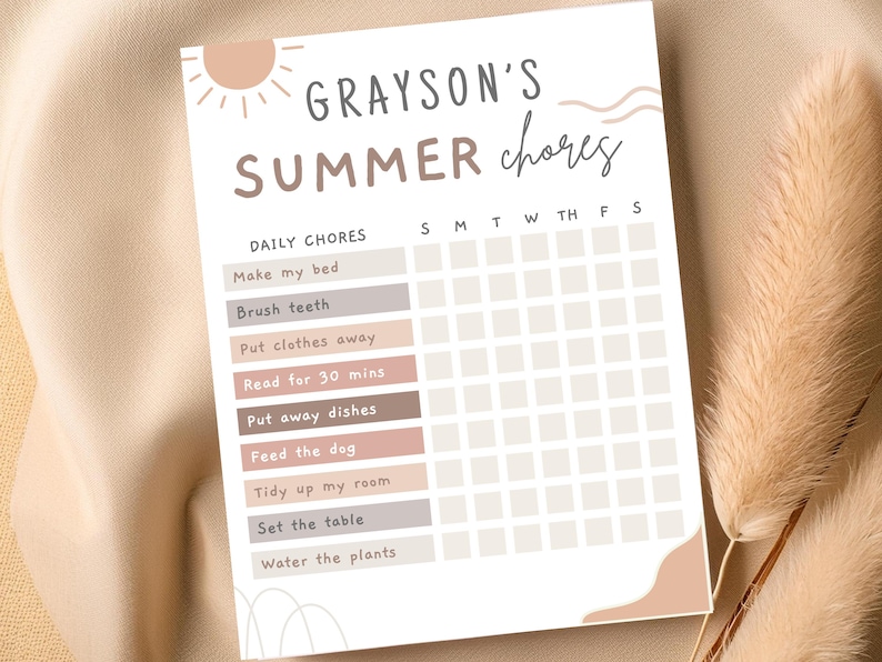 Editable Summer Chore Chart Printable for Kids in Neutral Colors