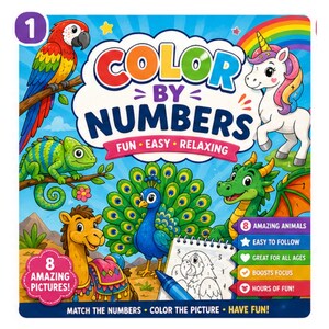 Könnte beinhalten: Ein farbenfrohes "Malen nach Zahlen"-Malbuch mit Illustrationen eines Papageis, Chamäleons, Einhorns, Drachen, Kamels und Pfaus. Der Text auf dem Cover lautet "Fun, Easy, Relaxing" und "Match the Numbers - Color the Picture - Have Fun!"
