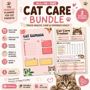 Peut inclure: Un ensemble de soins pour chats imprimable avec des modèles pour les parents de chats. Le design rose et blanc comprend des trackers pour les soins quotidiens, la santé, les dépenses et la planification hebdomadaire/mensuelle. Le texte dit "Cat Care Bundle".